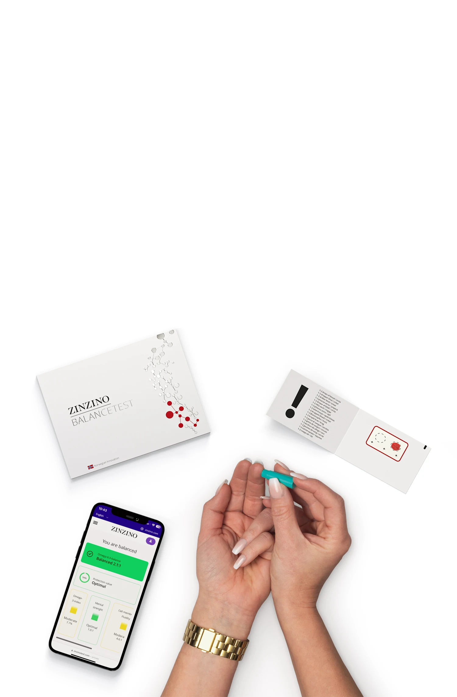 Mains, kit BalanceTest et téléphone présentant une démonstration officielle de résultats Zinzino