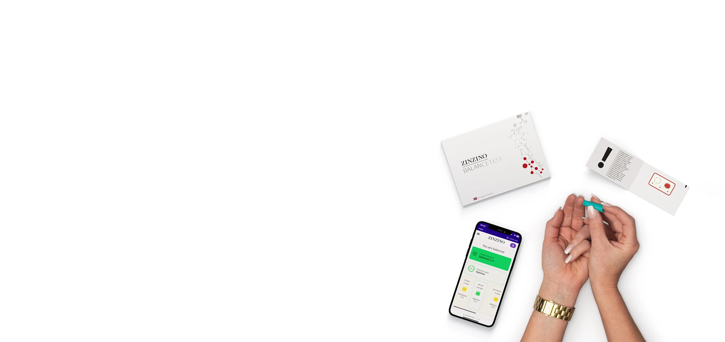 Mains réalisant un auto-test Zinzino, avec son coffret et un téléphone