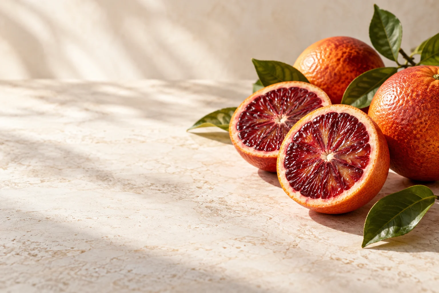 Illustration photographique d’oranges sanguines coupées sur une table claire